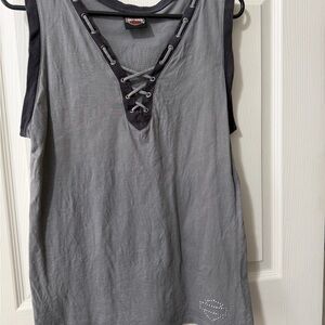 Harley-Davidson Gray Tank Top with Black Lace-Up Trim